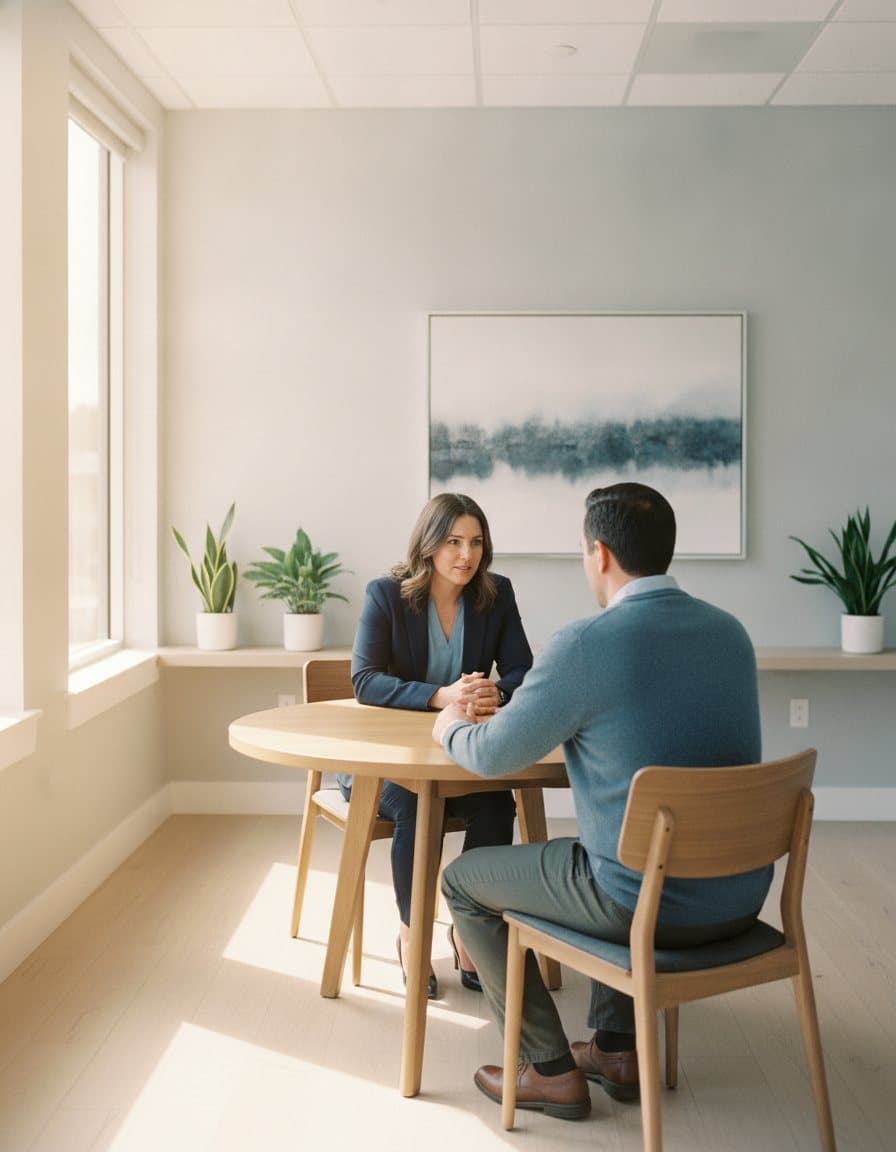 Two people in a calm, sunlit consultation room reviewing health goals together across a table